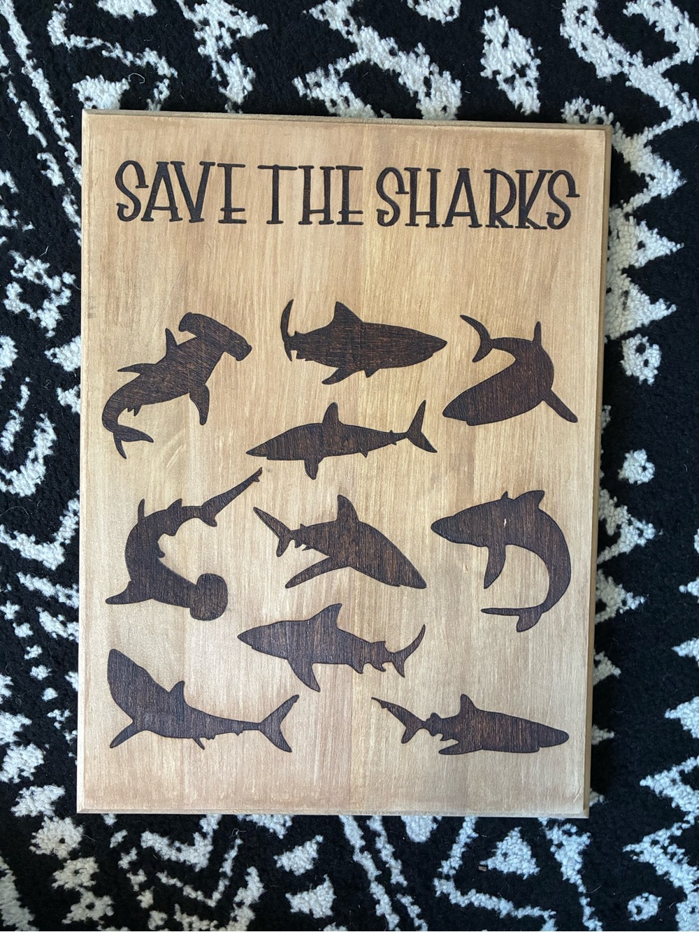 Save The Sharks Wooden Wall Art - Natural & Dark Brown